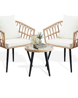 PORWEY 3 Piece Patio Bistro Set, Outdoor Wicker Balcony Furniture Sets