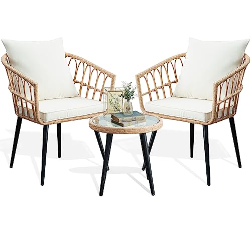 PORWEY 3 Piece Patio Bistro Set, Outdoor Wicker Balcony Furniture Sets