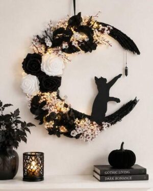 Pre-Lit Gothic Crescent Moon Halloween Wreath With Black Cat Silhouette, Artificial Rose Moon Door Hanging Wreath With LED Fairy Lights, Spooky Witchy Wall Decor For Front Door...