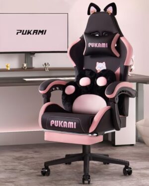 PUKAMI Pink Gaming Chair with Cute Cat Ears