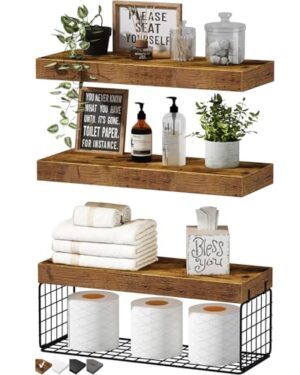 QEEIG Bathroom Shelves Over Toilet - Wall Mounted Floating Shelves Toilet Paper Storage Small Farmhouse Decor Shelf 16 inch Set of 3, Rustic Brown (019-BN3)