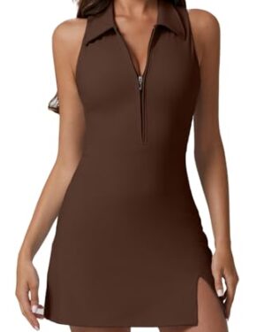 QINSEN Zip Front Sports Dress with Build in Shorts Side Slit Racer Back Tennis Dresses Brown S