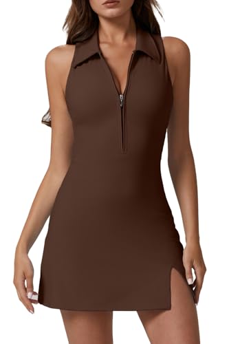 QINSEN Zip Front Sports Dress with Build in Shorts Side Slit Racer Back Tennis Dresses Brown S