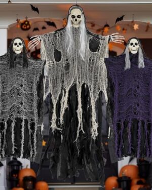 QPMR Halloween Decorations Outdoor/Indoor,Set of 3 Scary Hanging Ghosts,Halloween Grim Reaper Skeleton, Scary Party Decorations,Haunted House Decor for Yard/Lawn/Garden.