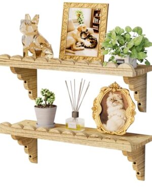 QsQueen Scalloped Wood Wall Shelf – 17 Inch Floating Shelf with Wood Brackets, Easy to Install Rustic Wall Shelf for Living Room, Bedroom, Bathroom, or Any Space - Light Brown
