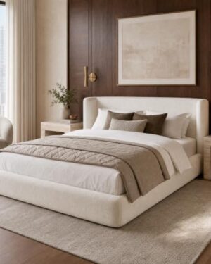 Queen Size Upholstered Cloud Bed Frame with Wingback Headboard Beige