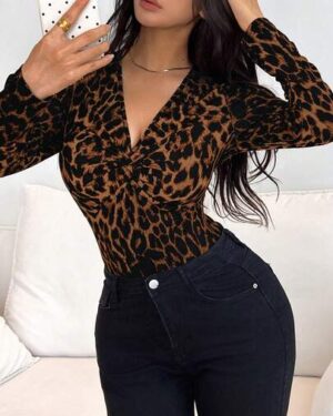 Rafferiza Women Deep V-Neck Long Sleeve Leopard Print & Knot Bust Gathering T-Shirt, Sexy & Elegant, Autumn Graphic Cheetah Print Tees Women Tops For Spring