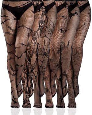 Ramede 6 Pairs Fishnet Stockings Women Lace Tights Patterned Thigh High Waist Goth Leggings Tight Pantyhose for Halloween(Horror,Bat Black,M)