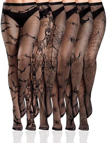 Ramede 6 Pairs Fishnet Stockings Women Lace Tights Patterned Thigh High Waist Goth Leggings Tight Pantyhose for Halloween(Horror,Bat Black,M)