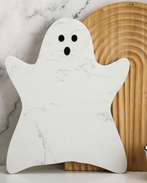 Reallnaive Halloween Ghost Marble Cheese Board, 11.8 x 9.8 Inch White Marble Charcuterie Board Decorative Serving Tray for Halloween Cheese, Appetizers, Kitchen and Holiday