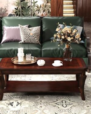 Rectangle Coffee Table for Living Room, Solid Wood Coffee Table with Storage Shelf, Traditional Distressed Farmhouse Style with Shelf, Solid Hardwood Rustic Center Table for Living Room, Cherry 1168WD