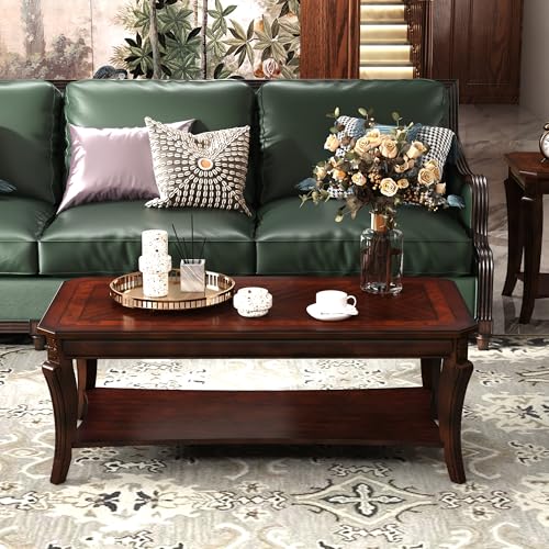 Rectangle Coffee Table for Living Room, Solid Wood Coffee Table with Storage Shelf, Traditional Distressed Farmhouse Style with Shelf, Solid Hardwood Rustic Center Table for Living Room, Cherry 1168WD