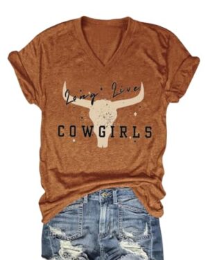 Retro Steer Skull Shirts Women V Neck Western Cowgirl Graphic Tees(Brown,L)