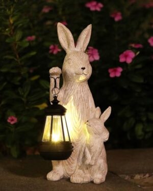 REYISO Solar Garden Statues Bunny Decor with LED Lights Home Decorations Outdoor Garden Rabbit Statue for Patio, Balcony, Yard, Lawn Ornament - Unique Housewarming Birthday Gifts for Women