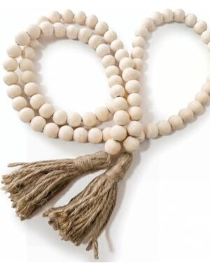 RGB World Farmhouse Beads Long Length Solid Wood Bead Boho Tassel Garland - Rustic Country Solid Beaded Boho Chic Decor for Wall, Above Cabinet & Table