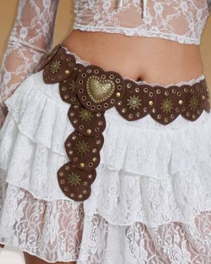 ROMWE Fairycore 1 Piece Flannel Heart Eyelet Rivet Bohemian Spliced Belt
