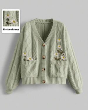 ROMWE Fairycore 1pc Women's Front Button Long Sleeve Floral Embroidery Pocket Minimalist Blouse