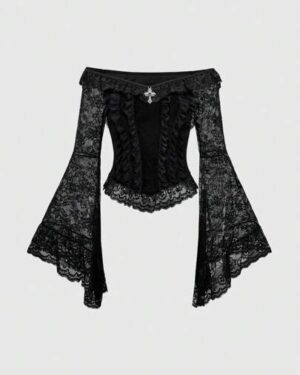 ROMWE Gothic Palace Style Cross Decor Contrast Lace Flare Sleeve Off-Shoulder Velvet Blouse For Women, Halloween