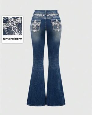 ROMWE Grunge Punk Y2K Vintage Millennium Sexy Pocket Cross Wings Embroidery Women's Slim Flared Low Waist Jeans, Ladies Button Pocket Zipper Drop Waist Flare Leg Long Navy Blue...