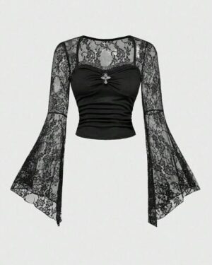 ROMWE Halloween Dark Gothic Cross Lace Patchwork Flared Sleeve Crew Neck Top For Women