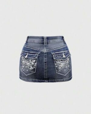 ROMWE J-Fashion Y2K Vintage Low-Waist Butterfly Embroidered Adjustable Contrast Color Denim Mini Skirt For Women