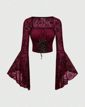 ROMWE Spring Valentine's Day Flower Red Gothic Palace Style Halloween Party Flocked Cross Floral Mesh Patchwork Lace-Up Waist Women Blouse