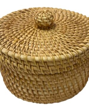Round Rattan Storage Box with Lid, Woven Basket with Ball Handle, Small Dustproof Wicker Organizer, 5.5 x 3.1 in for Home Decor, Tabletop, Bathroom, Kitchen, Office