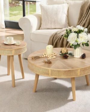 RUSTOWN 2-Piece Round Coffee Table Set with Rattan Accent & Soild Wood Leg