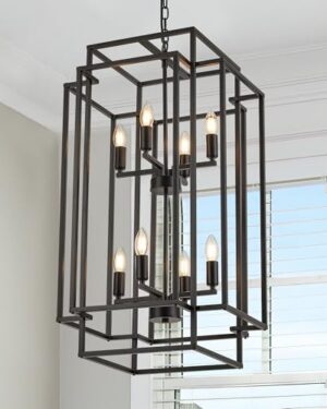 Salaiwei 8-Light Lantern Tiered Pendant Light Fixtures, Black Metal Farmhouse Chandelier Hall Foyer Hanging Chandelier for Kitchen Island Dining Room Living Room Foyer Entryway, Black
