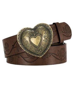 SANSTHS Western Belt For Women, Womens Cowboy Belt For Pants Jeans With Vintage Floral Carved Design