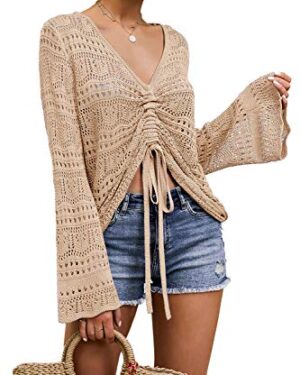 Saodimallsu Womens Oversized V Neck Shirts Flowy Crochet Bell Sleeve Boho Tops Sexy Tie Front Ruched Ruffle Top Blouse Apricot