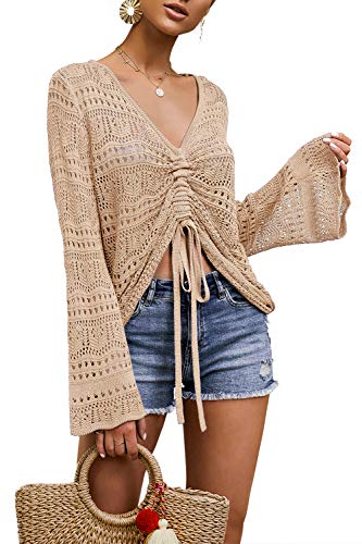 Saodimallsu Womens Oversized V Neck Shirts Flowy Crochet Bell Sleeve Boho Tops Sexy Tie Front Ruched Ruffle Top Blouse Apricot