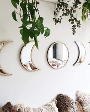 Scandinavian Decor 5-Piece Acrylic Wall Decor - Wooden Moon Phase Mirror, Bohemian Design for Living Room, Bedroom - Beige