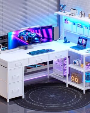 SEDETA Corner Computer Desk, Reversible L Shaped Computer Desk with Fabric Drawers and Power Outlet, 47.2” Gaming Desk with LED Lights, Storage Shelves and Hutch, White