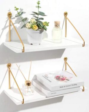 Set Of 2 Metallic Gold & White Wall-Mounted Floating Shelves, Chic Solid Wood & Metal Bookshelf For Bathroom, Kitchen, Bedroom Decor