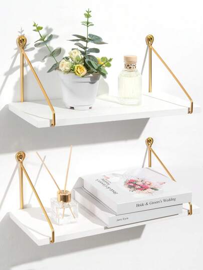 Set Of 2 Metallic Gold & White Wall-Mounted Floating Shelves, Chic Solid Wood & Metal Bookshelf For Bathroom, Kitchen, Bedroom Decor