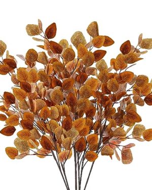 Sggvecsy 6 Pcs Fall Eucalyptus Leaves Artificial Eucalyptus Stems Long Silver Dollar Leaves Autumn Leaf Branches Fake Silk Eucalyptus for Indoor Home Autumn Thanksgiving Decor (Mixed Fall Color)