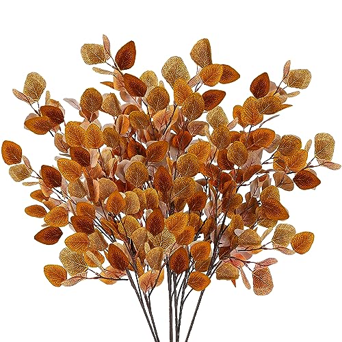 Sggvecsy 6 Pcs Fall Eucalyptus Leaves Artificial Eucalyptus Stems Long Silver Dollar Leaves Autumn Leaf Branches Fake Silk Eucalyptus for Indoor Home Autumn Thanksgiving Decor (Mixed Fall Color)