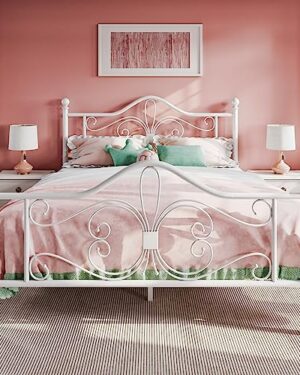 SHA CERLIN Queen Size Metal Bed Frame with Butterfly Headboard, White