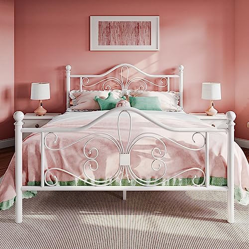 SHA CERLIN Queen Size Metal Bed Frame with Butterfly Headboard, White