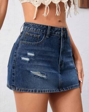 SHEIN Essnce Women's Summer Casual Washed Ripped Denim Mini Skirt