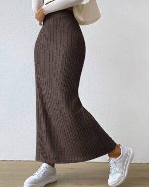 SHEIN EZwear Women's Spring Fashionable Green Side Slit Thigh Ribbed Knit Bodycon High Waisted Casual Long Skirts