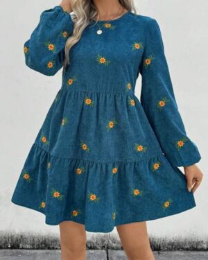 SHEIN LUNE Women Floral Embroidery Ruffle Hem Lantern Sleeve Round Neck Dress, Autumn Fall Cloth For Women