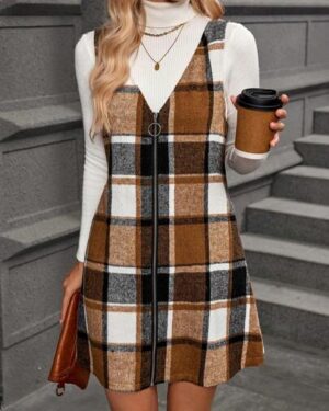 SHEIN LUNE Women's Plaid V-Neck Zip-Up Sleeveless Dress, Fall/Winter