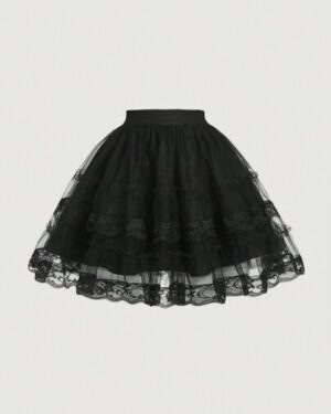 SHEIN MOD Black Summer Cute Goth Tulle Lace Trim Tutu Skirt,Vintage Court Style,Elegant For Bar Party,Banquet,Date,Festival,New Years Women Vacation,Beach