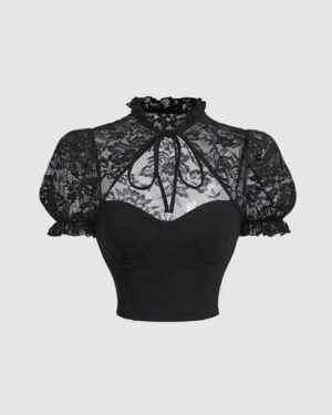 SHEIN MOD Contrast Lace Tie Neck Puff Sleeve Crop Tee