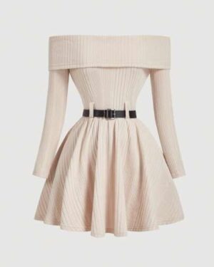 SHEIN MOD Off Shoulder Long Sleeve Cinched Waist Waist Flared Dress
