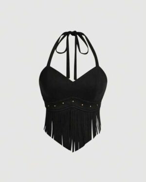SHEIN MOD Summer Vintage Suede Halter Neck Top With Tassel Fringe Decoration