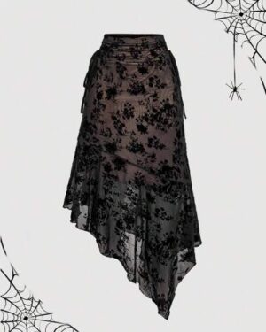 SHEIN MOD Women's Black Floral Summer Elegant Date Skirt,Asymmetrical Bowknot Long Skirts,Old Money Style Renaissance Fall Wedding Guest Party Goth Wear