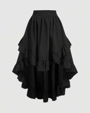 SHEIN MOD Women's Black Ruffle Hem Skirt, Retro Black Layered A-Line Skirt Party Birthday Autumn 70's Goth